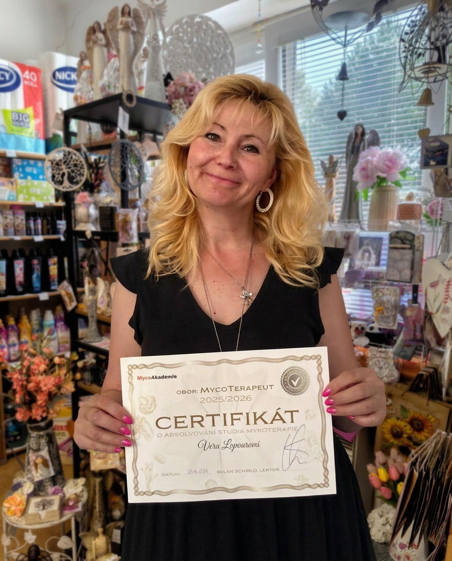 Majitelka obchůdku Věra s certifikátem o absolvování MycoMedica Akademie